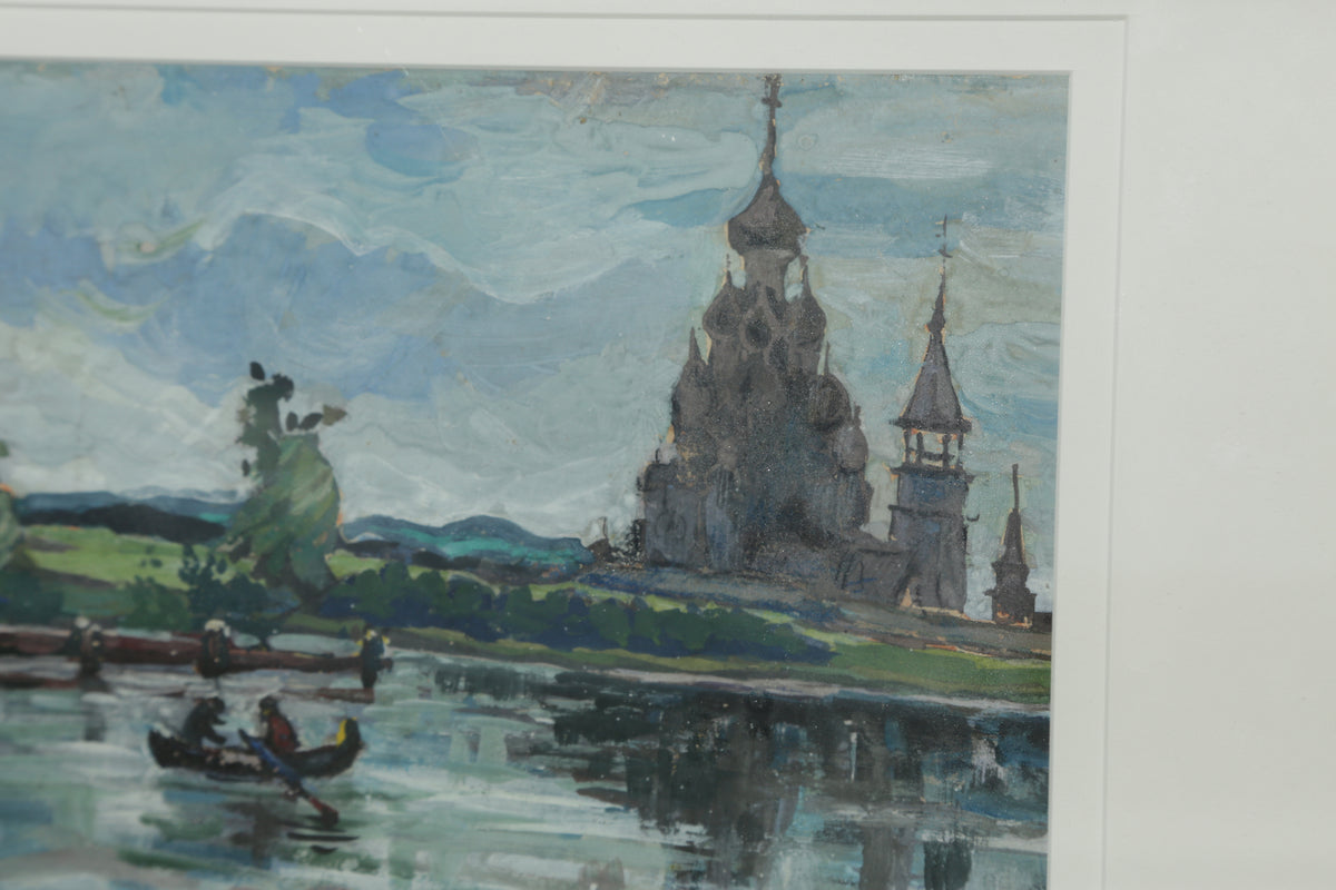 Acrylic painting of canoes on a lake