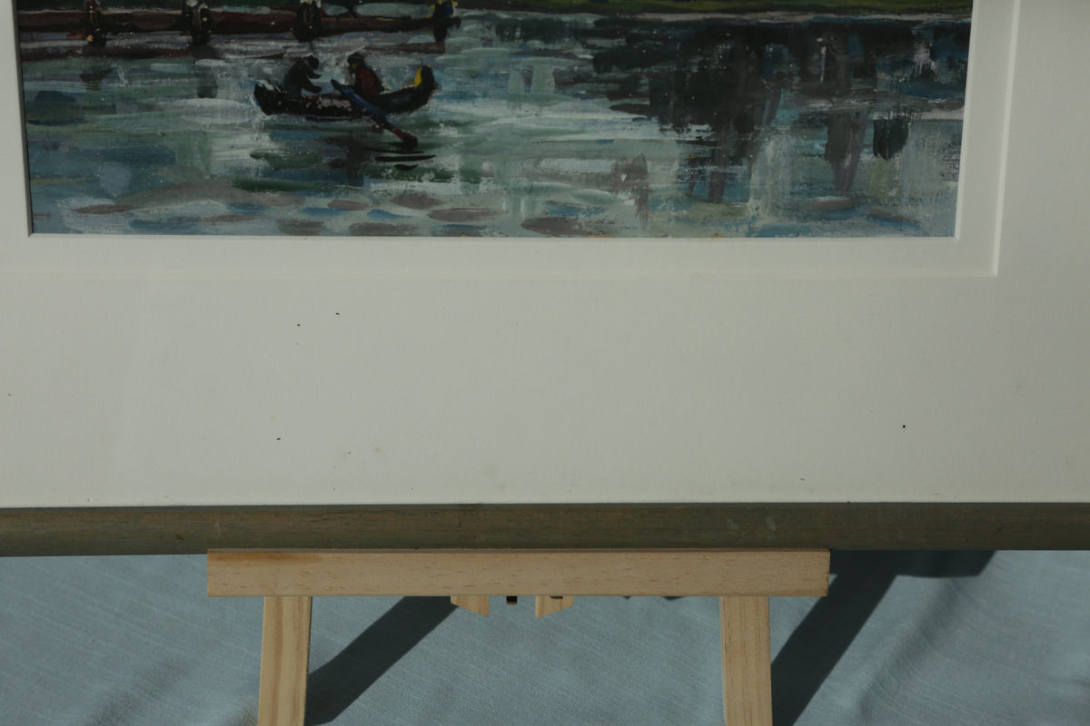 Acrylic painting of canoes on a lake