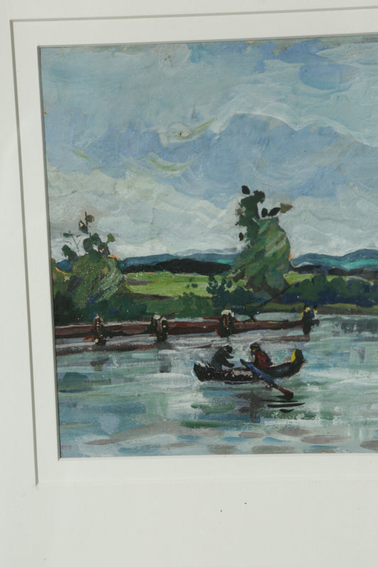 Acrylic painting of canoes on a lake